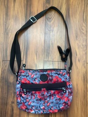 Kipling Keefe Crossbody “Busy Blossoms” Blue & Red Nylon Bag